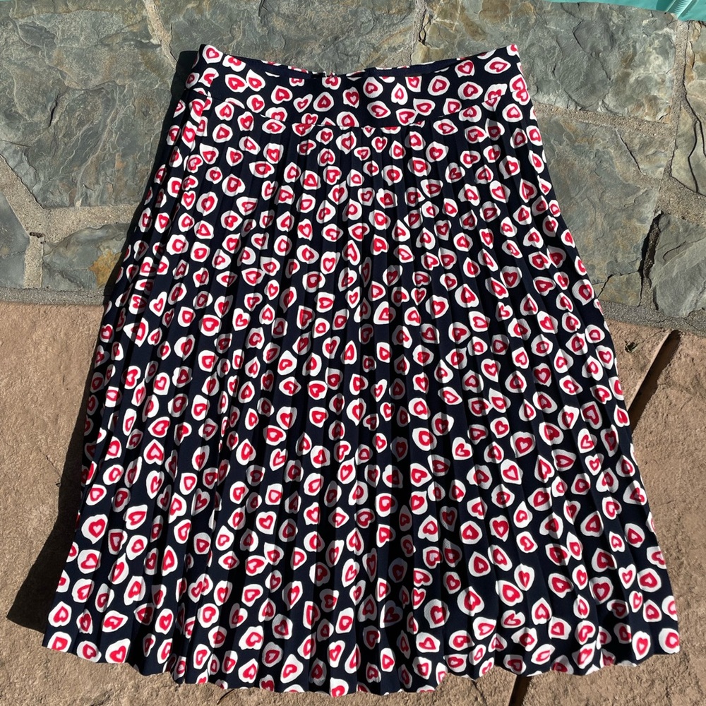 J Crew heart print mid length pleated skirt.